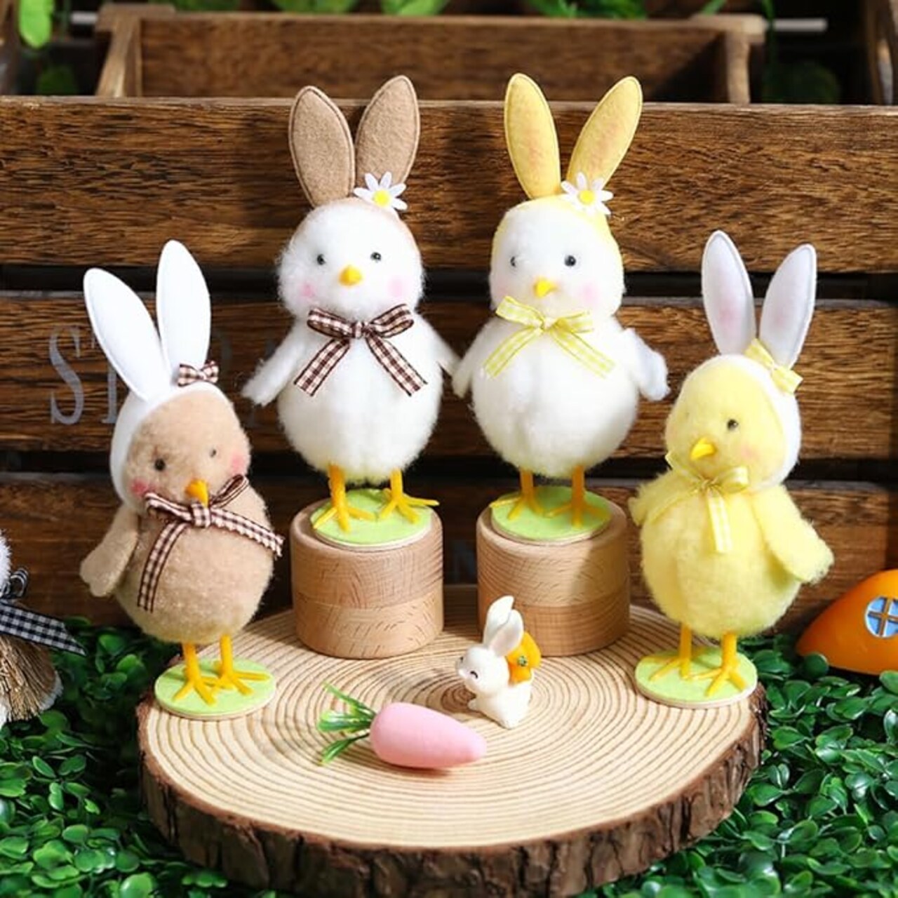 4Pcs Plush Easter Chicken with Bunny Ear Hat Decorations, 5.6inch Cute Mini Standing Chicks Figurine, Plush Animals Statue Tabletop Decor Easter Gift Spring Home Party Favors